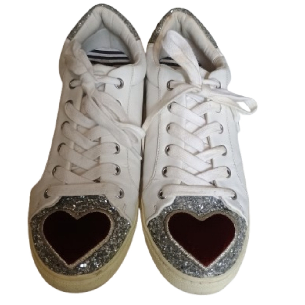 Betsey Johnson Blair Sneakers Womens 9.5 White Leather Glitter Heart Lace Up...
